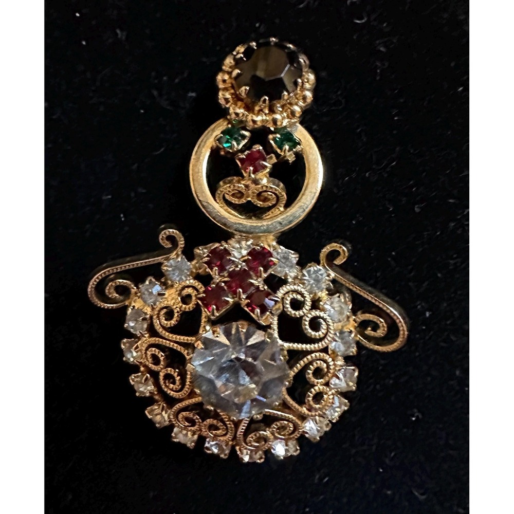 Vintage Rhinestone Snowman Pin‎ w/ Scroll Work